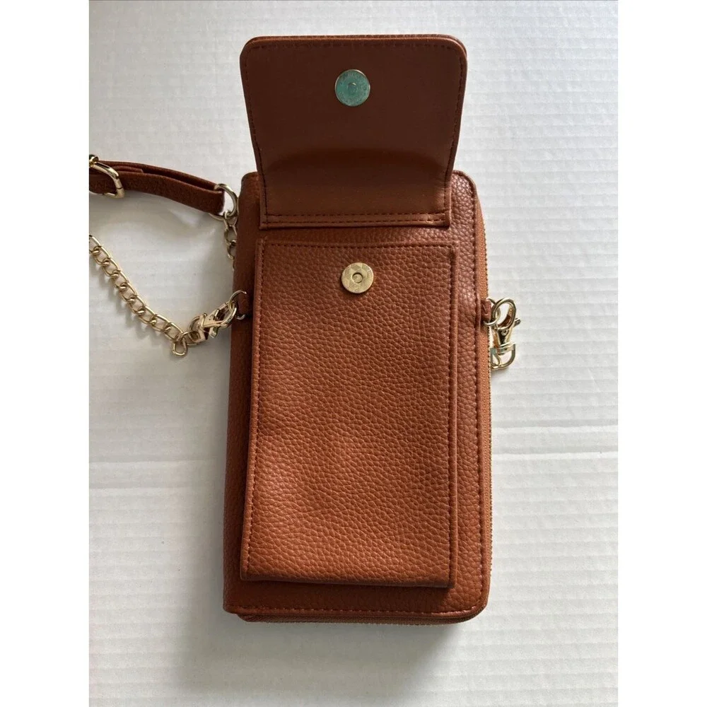 Dasein Crossbody Small Bag or Clutch Tan Brown Faux Leather Gold Chain Strap 8x4